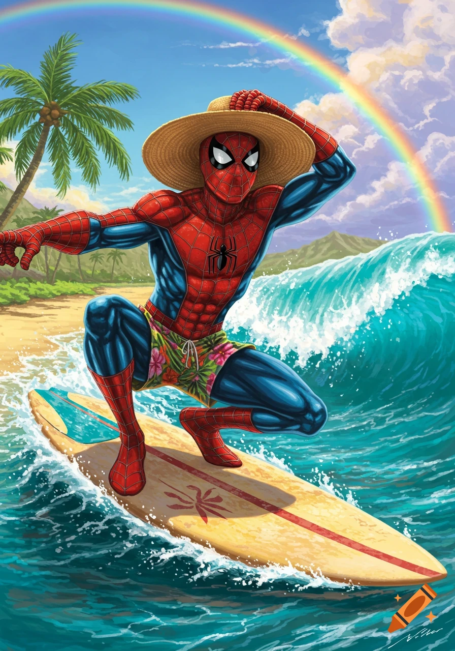 Spider-Man, wearing a straw hat and floral swim trunks, surfs a wave on a tropical beach with a rainbow.