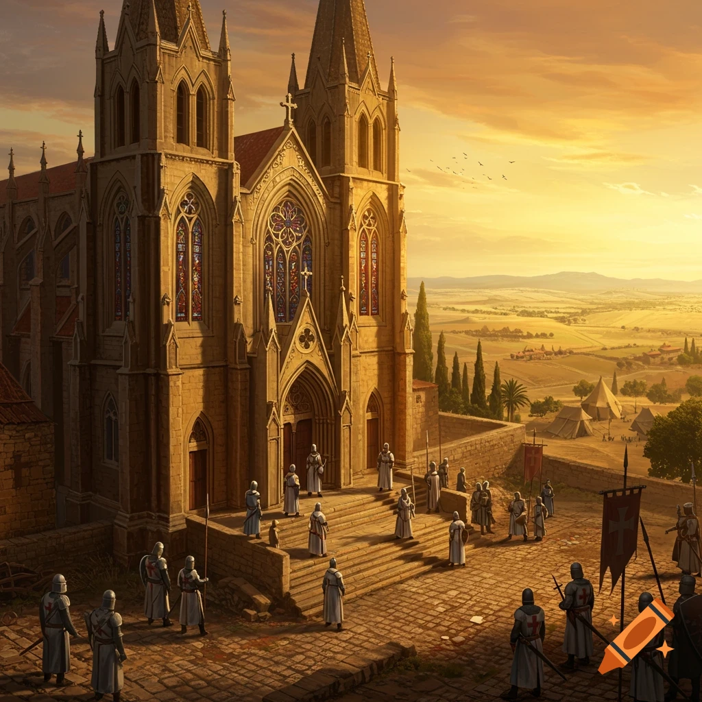 A grand medieval church at sunset, with knights and crusaders gathered on its steps and courtyard, overlooking a vast landscape with tents.