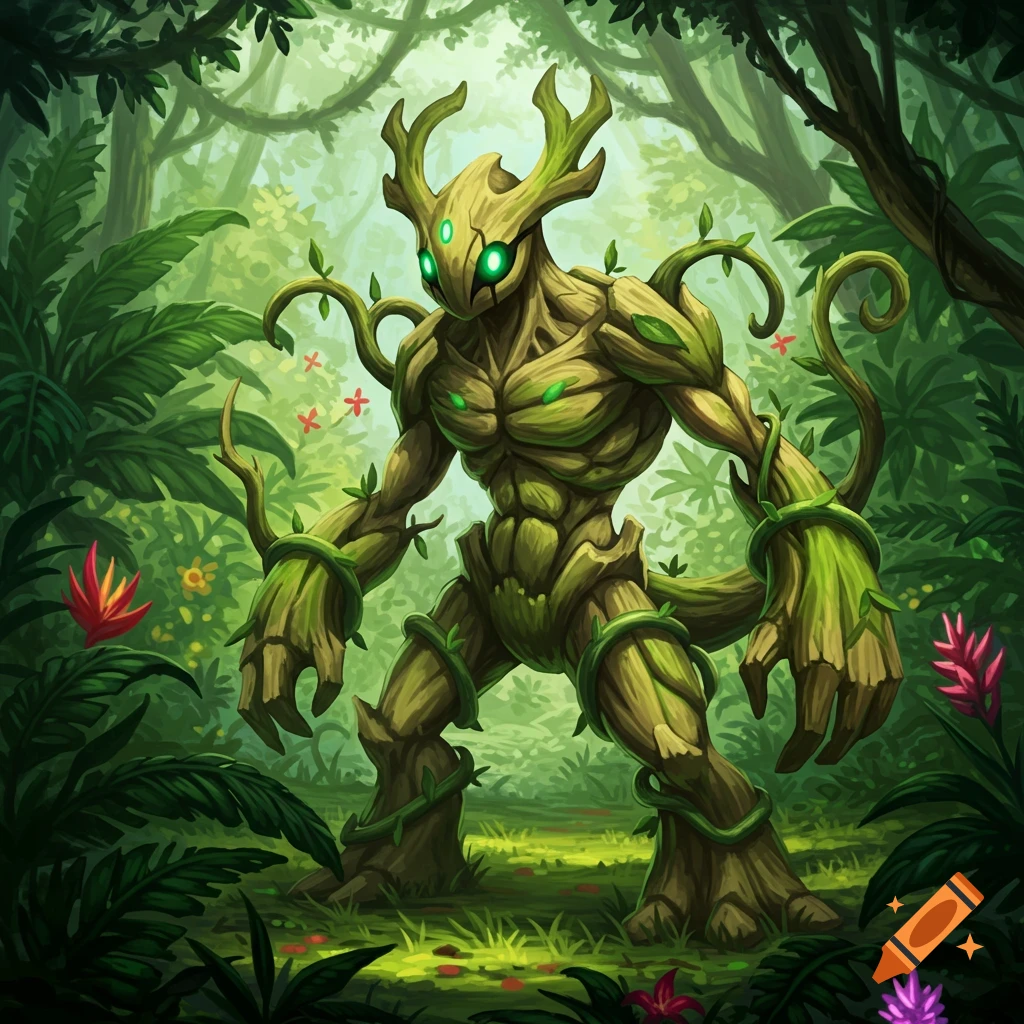 A fantasy vine monster with glowing green eyes and antlers stands in a lush, vibrant jungle, illustrated in a vibrant, stylized manner.