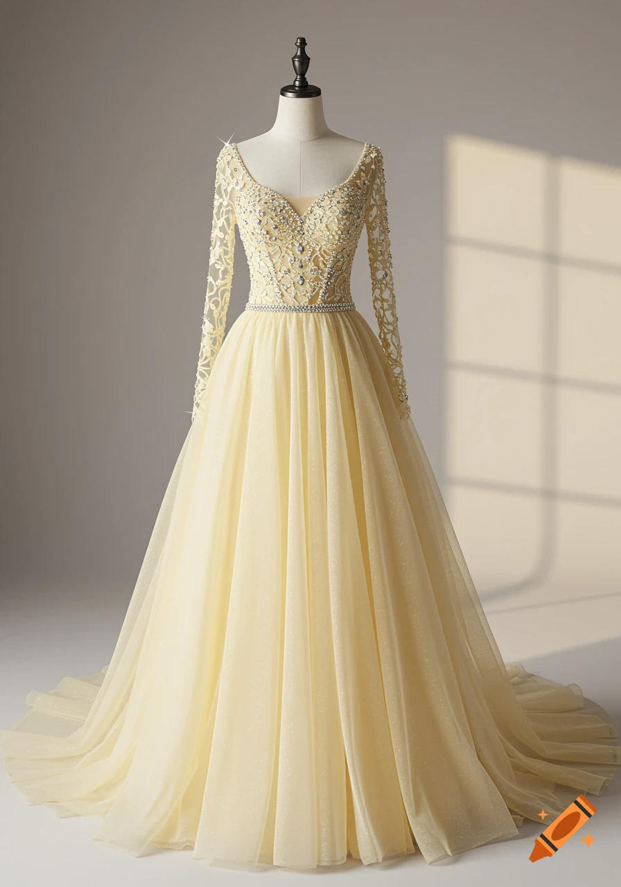 A pale yellow long-sleeved dress with an embellished bodice and flowy skirt displayed on a mannequin.