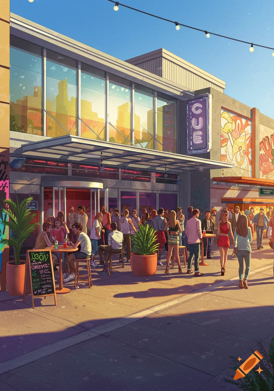 A vibrant illustration of a bustling street scene outside a club building during the day, with many people socializing.