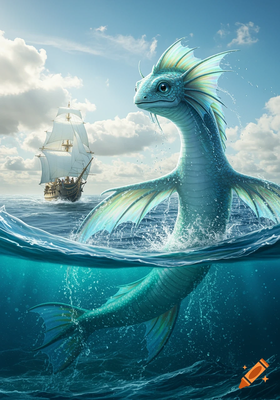 A photorealistic depiction of a teal sea dragon breaking the surface of the ocean, looking at a distant sailing ship under a blue sky.