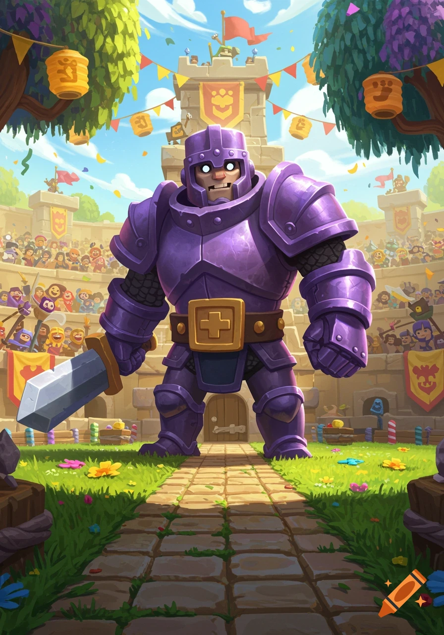 A cartoonish purple knight stands in a vibrant arena, holding a sword, with a cheering crowd and castle in the background.