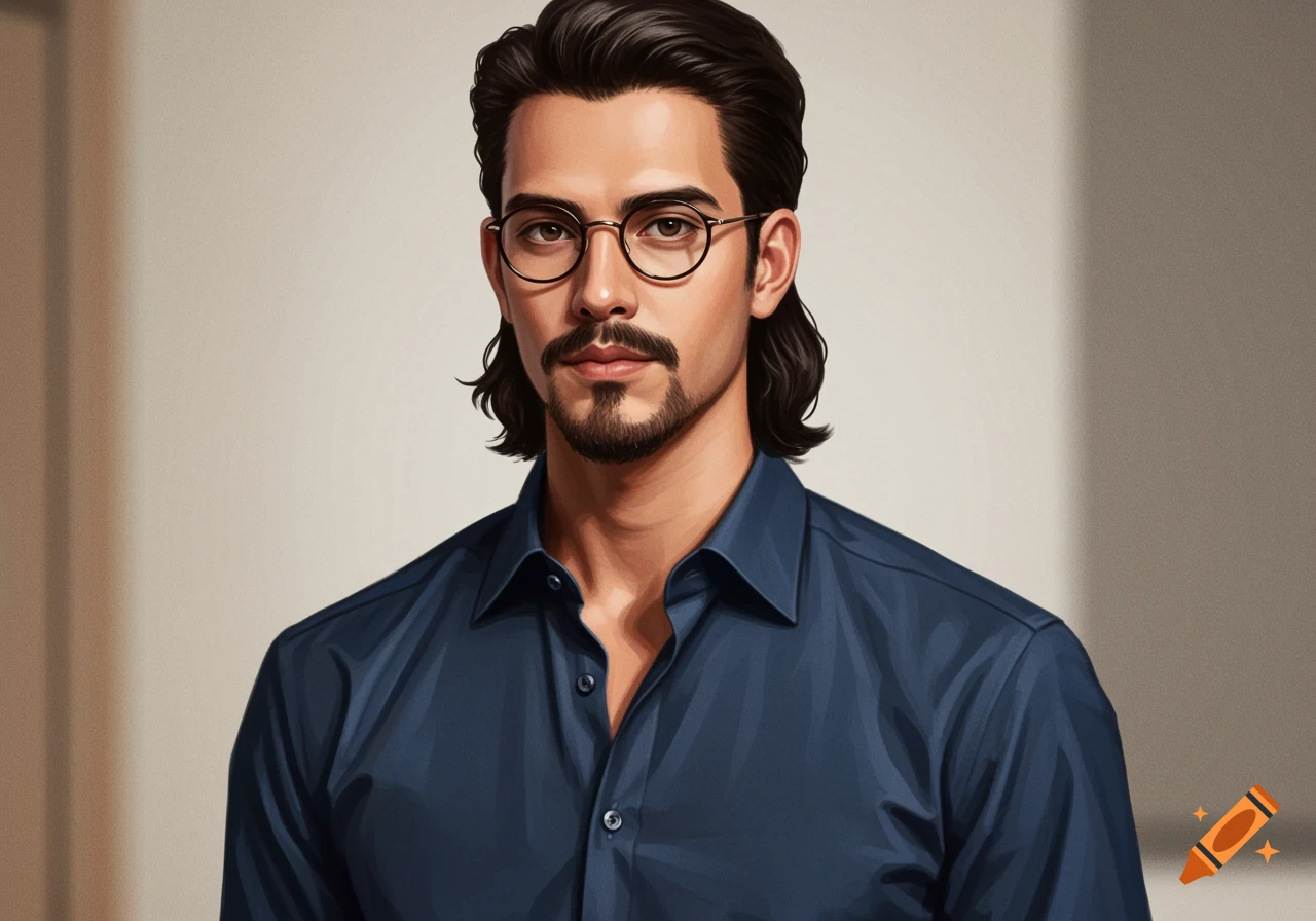 Digital art portrait of a man with dark hair, a goatee, and round glasses, wearing a blue collared shirt.