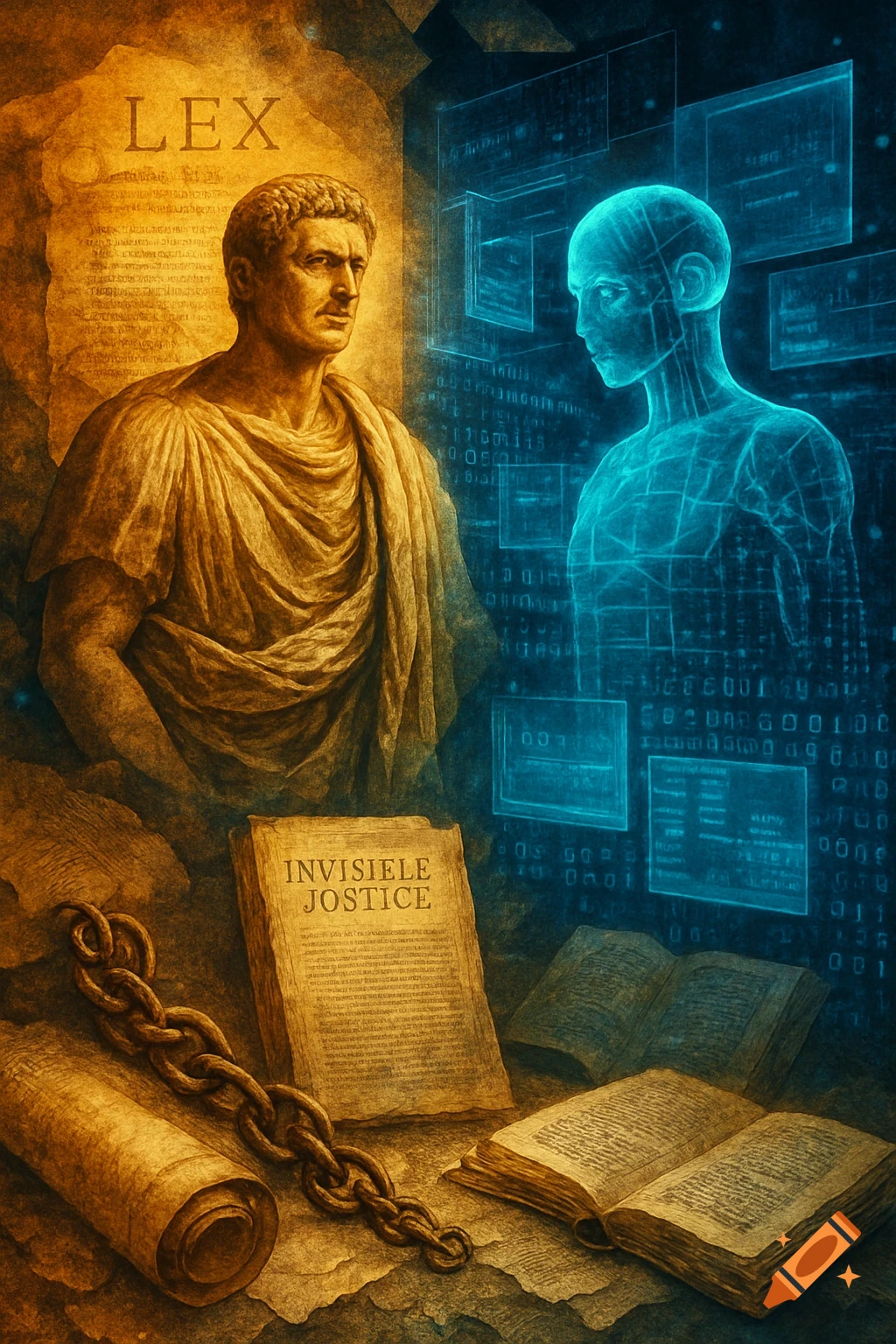 A classical Roman statue stands on the left, facing a glowing blue digital human figure on the right, against a split background of ancient scrolls and modern digital code. Books and a chain lie in the foreground.