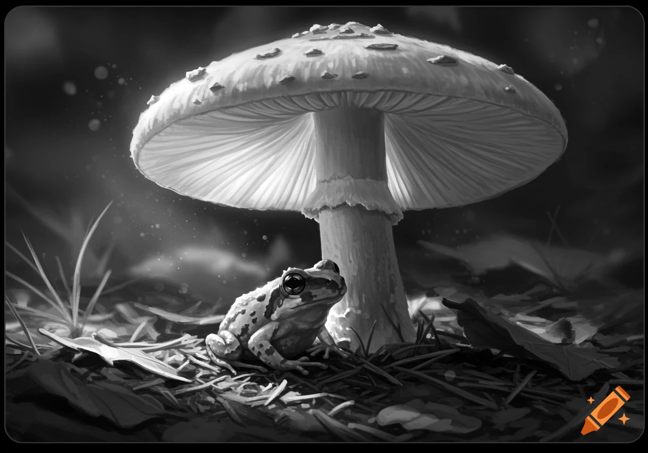 Tiny frog resting under a large mushroom on a forest floor, depicted in black and white.