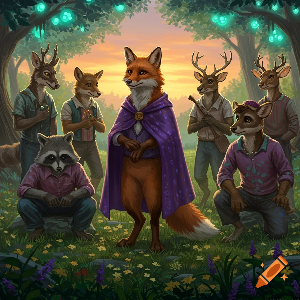 A group of anthropomorphic animals, including a fox in a purple cape, a raccoon, and several deer, stand in a magical forest at sunset.