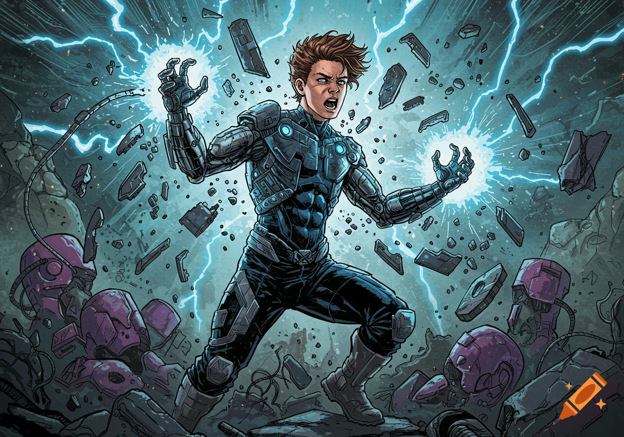 A male teenage mutant in a tech suit uses electricity powers amidst debris and destroyed robots in a comic book style.