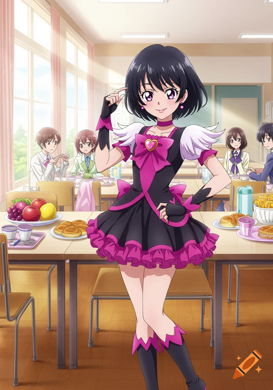 An anime girl in a black and pink magical girl outfit smiles in a school cafeteria with other students seated at tables.