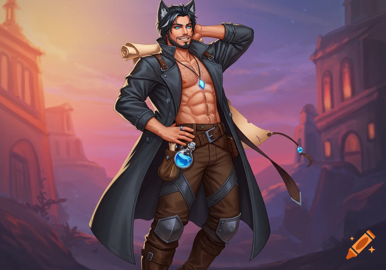 A smiling male character with wolf ears, an open trench coat, and abs, holding a potion bottle and scroll, against a fantasy sunset cityscape.