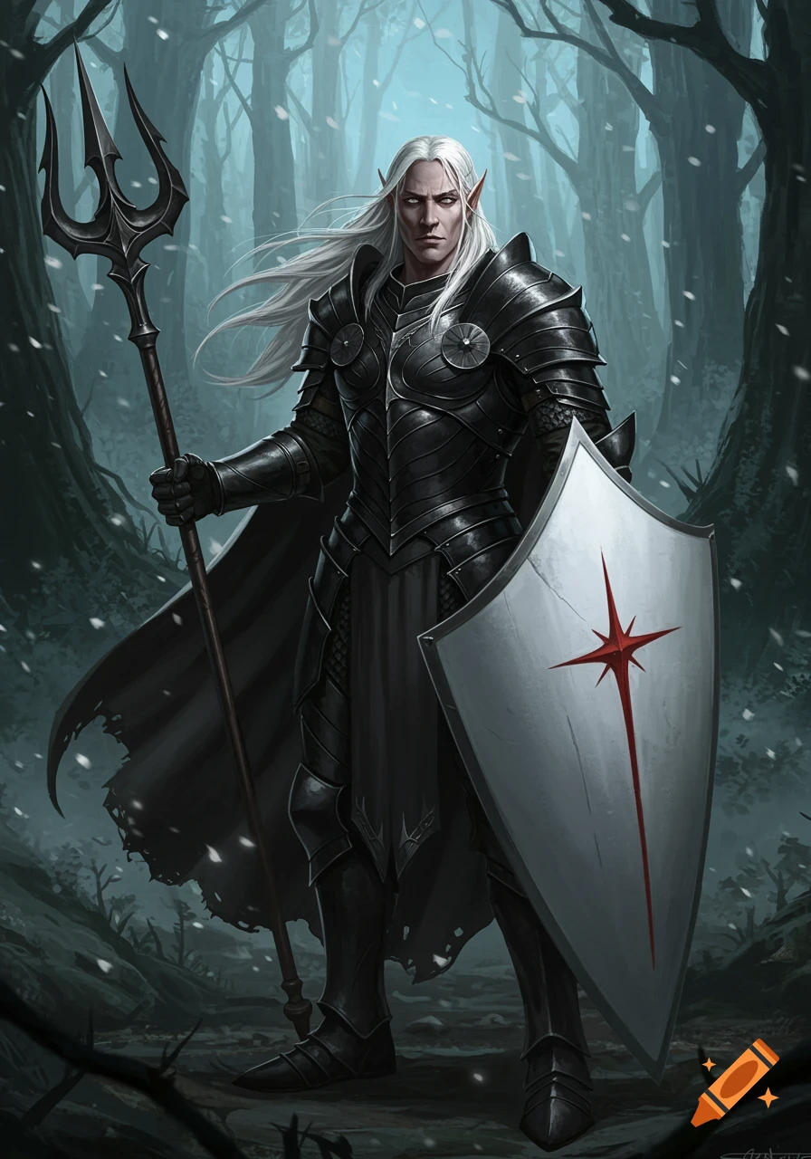 An armored male elf with long white hair holds a trident and a shield with a red starburst in a dark, snowy forest.