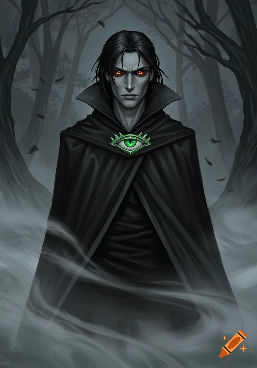 A stern-faced man with glowing orange eyes and dark hair, wearing a black cape with a green eye crest, stands in a misty, dark forest.