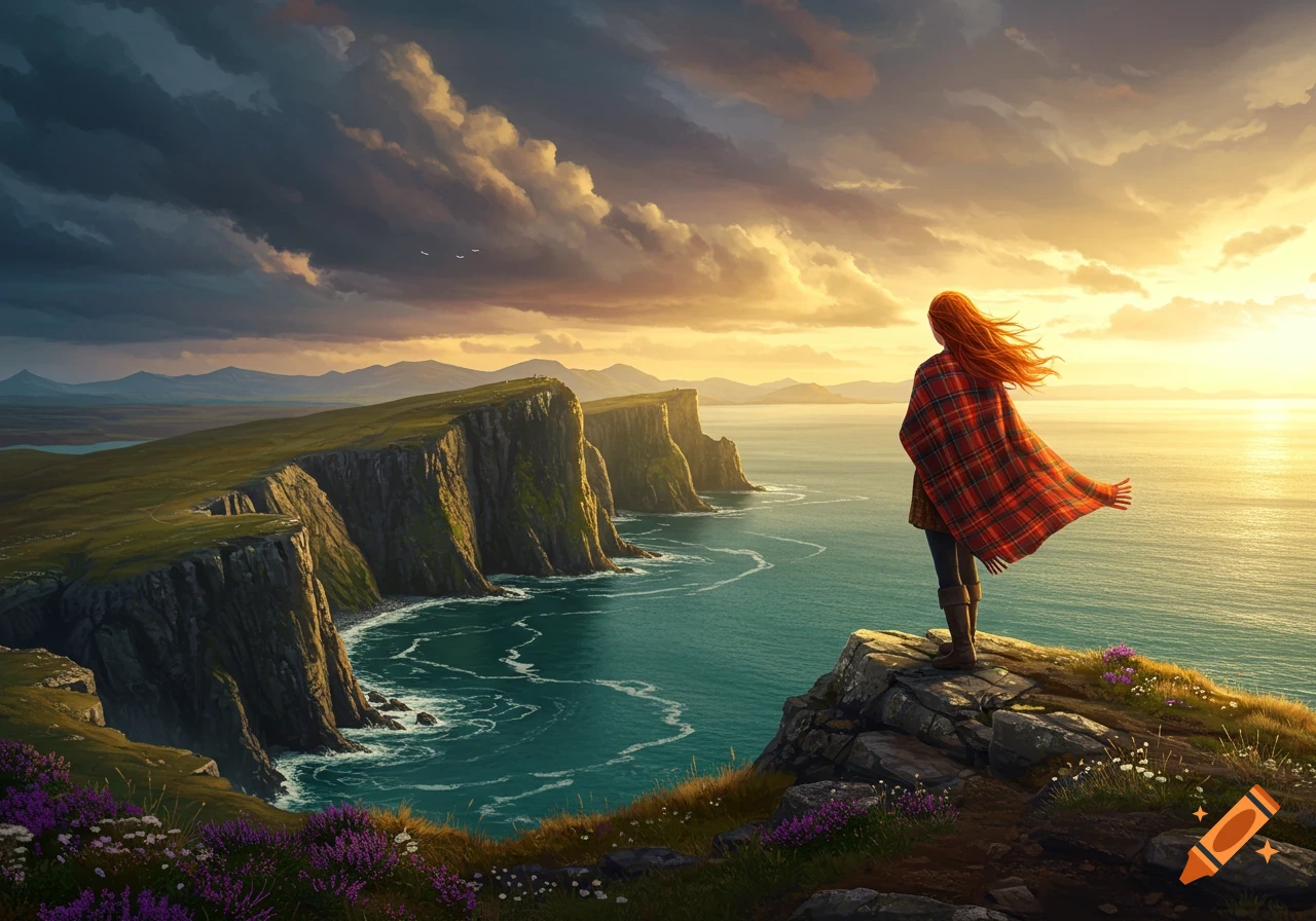 Redhead person in a plaid blanket standing on a cliff overlooking the sea at sunset, dramatic sky.