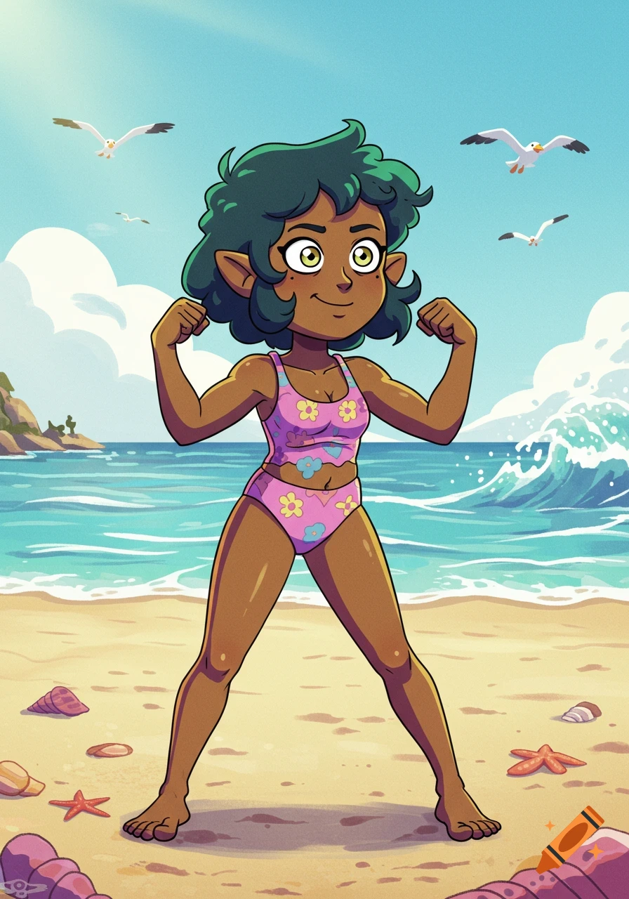 A cartoon character with green hair and elf ears, Willow from The Owl House, flexes her muscles on a sunny beach with the ocean and seagulls in the background.