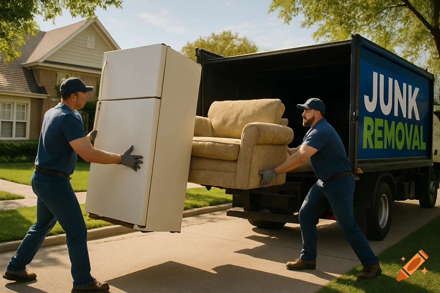 Two men in blue uniforms loading a white refrigerator and a beige couch into a blue and black 'JUNK REMOVAL' truck on a sunny residential street.