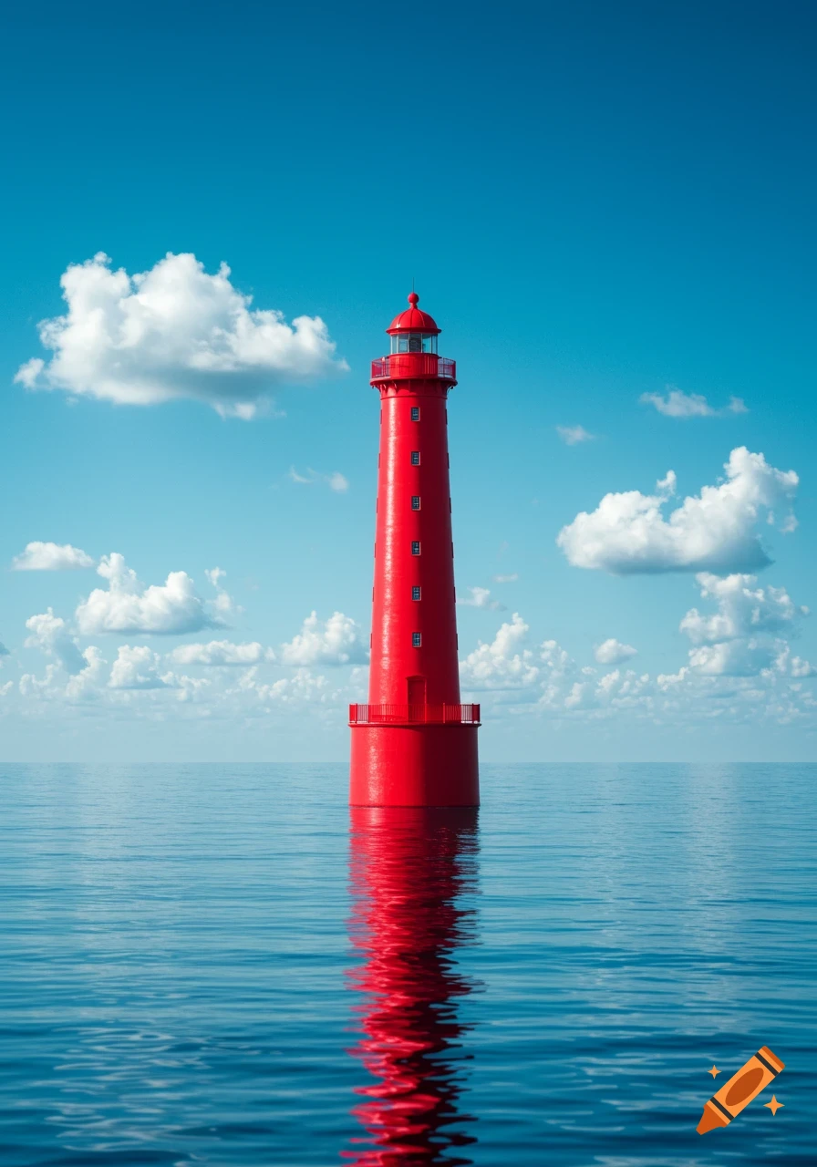 A vibrant red lighthouse stands alone in the calm blue ocean under a bright blue sky with scattered clouds.
