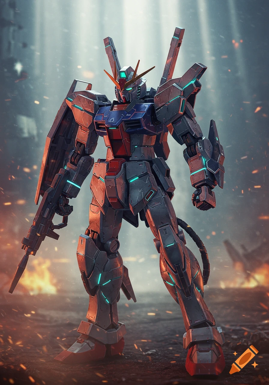A detailed 3D render of a futuristic robot, reminiscent of Gundam and Warframe designs, standing in a fiery, smoky battlefield.