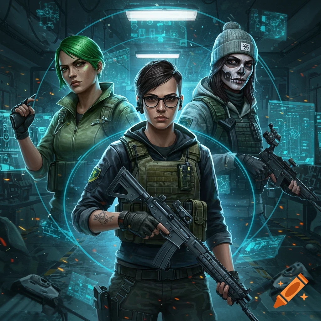 Three female tactical operators with firearms against a futuristic tech background. One has green hair, one wears glasses, and another has skull face paint.