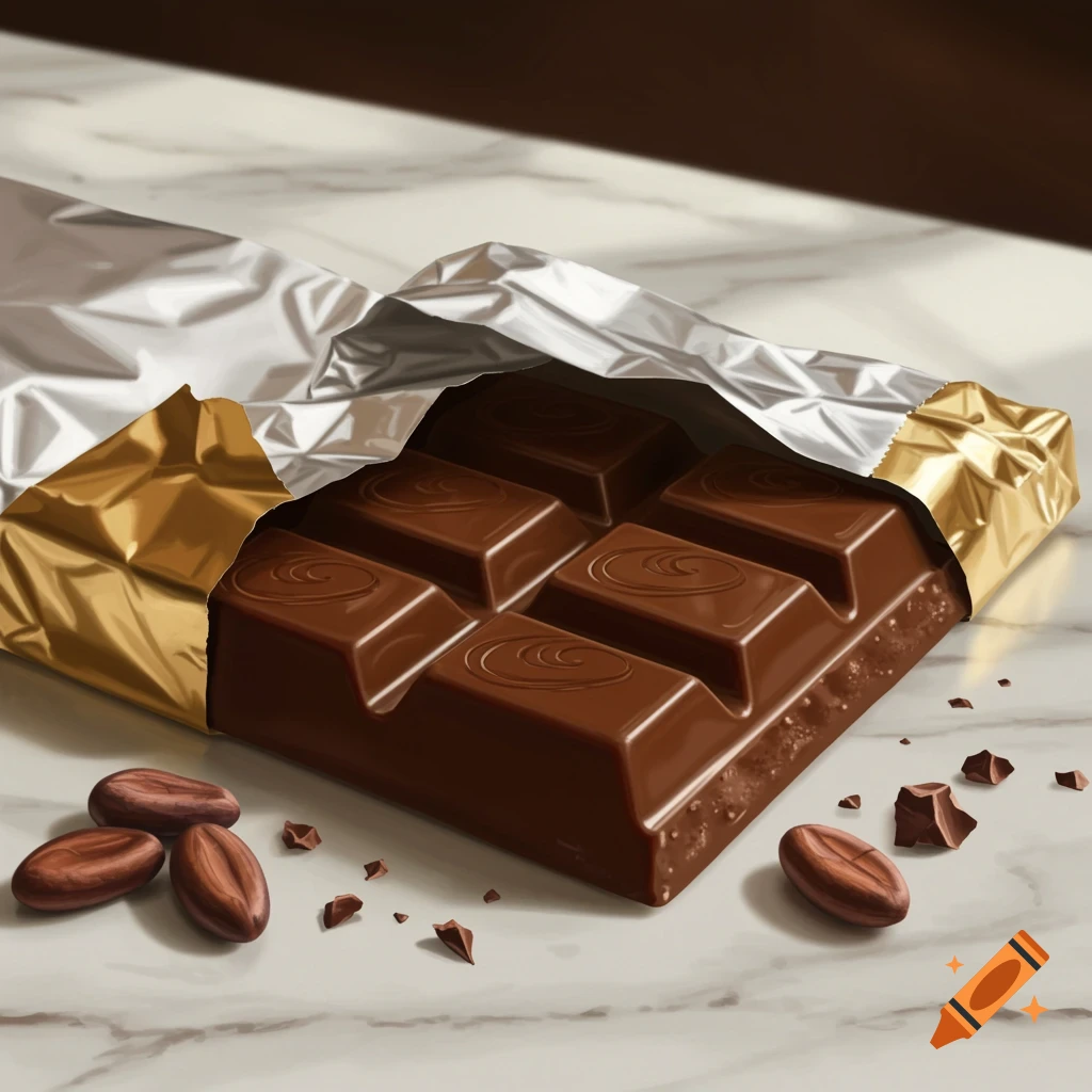 A photorealistic image of an unwrapped chocolate bar with cocoa beans and chocolate pieces on a marble surface.