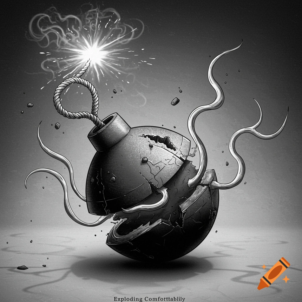 A stylized black and white illustration of a cracked bomb with tendrils emerging and a sparking fuse, sitting on a surface with shadows.