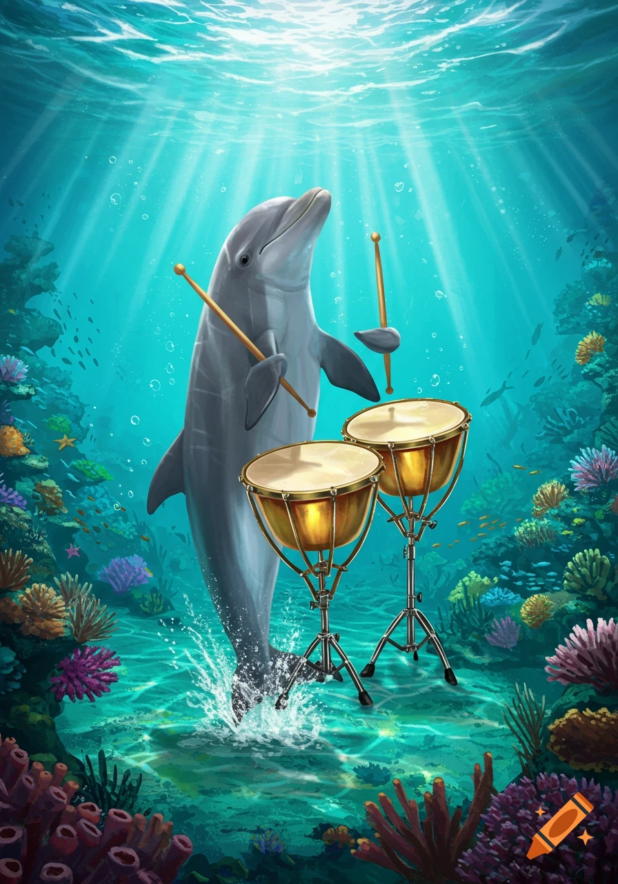 A dolphin playing timpani drums underwater in a vibrant coral reef with sun rays shining through the surface.