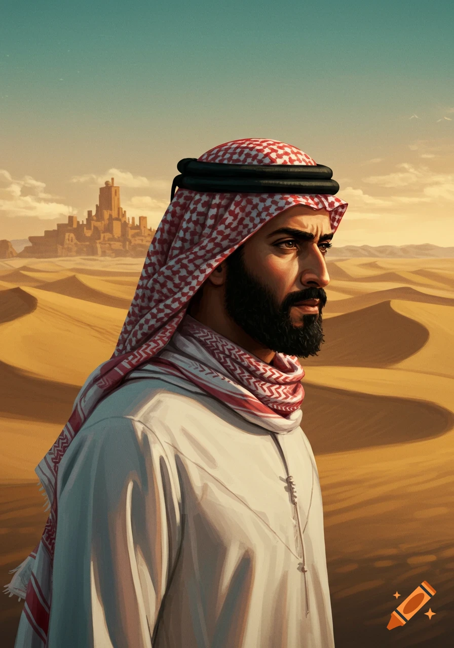 An illustrative portrait of an Arab man in traditional attire, with a beard, looking right against a desert backdrop with sand dunes and a distant ancient city.