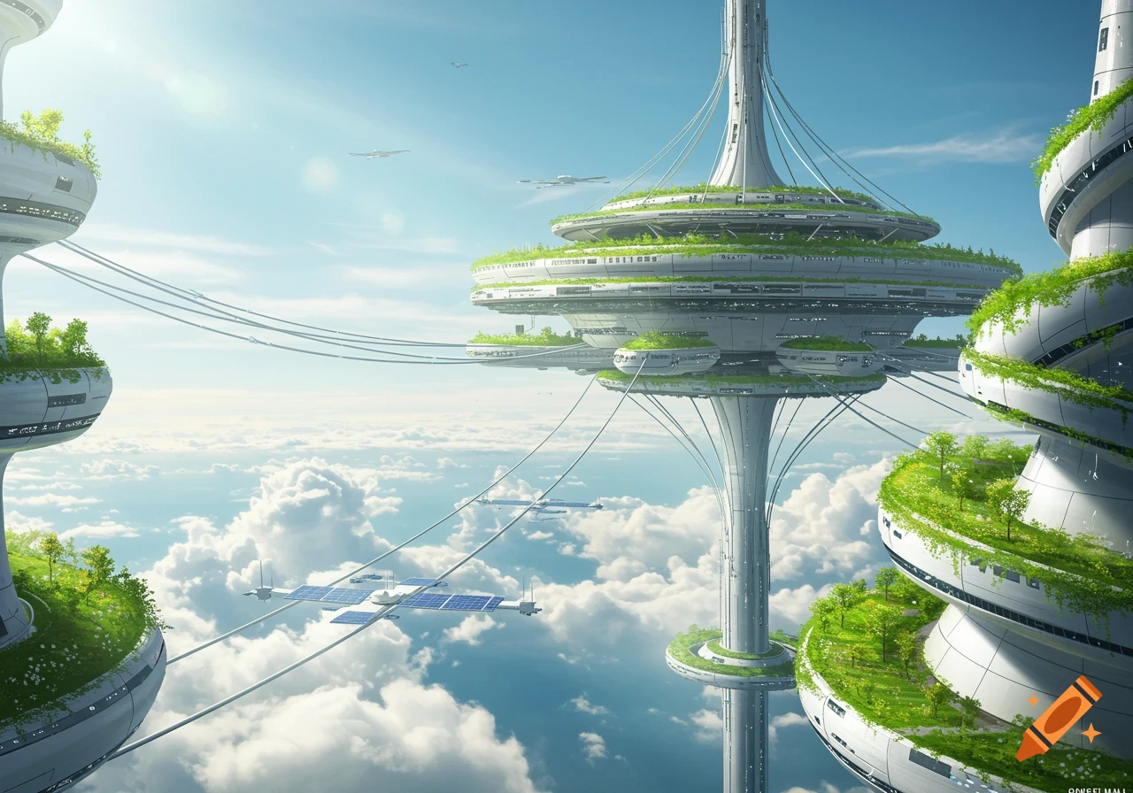 Photorealistic image of futuristic floating cities with green terraces and connecting cables, above clouds under a bright sky.