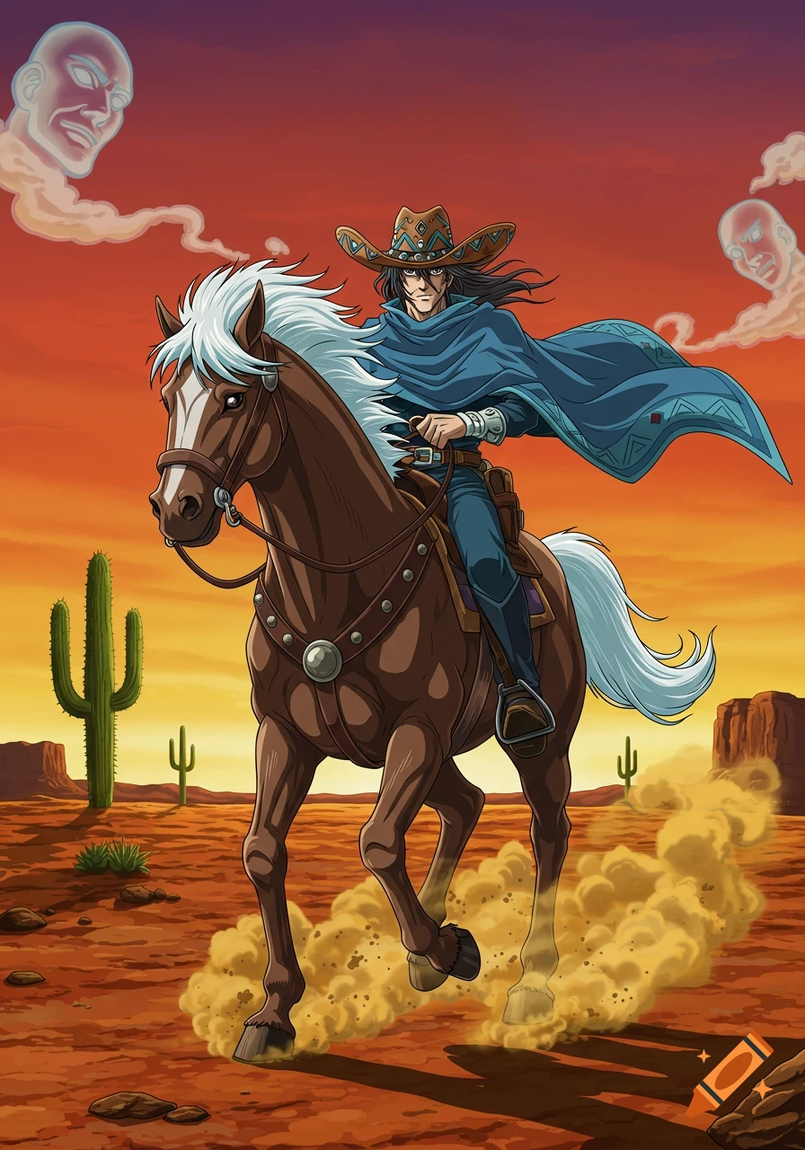Anime-style illustration of a long-haired man in a cowboy hat and blue cape riding a brown horse through a desert, with ghostly figures in the red sky.