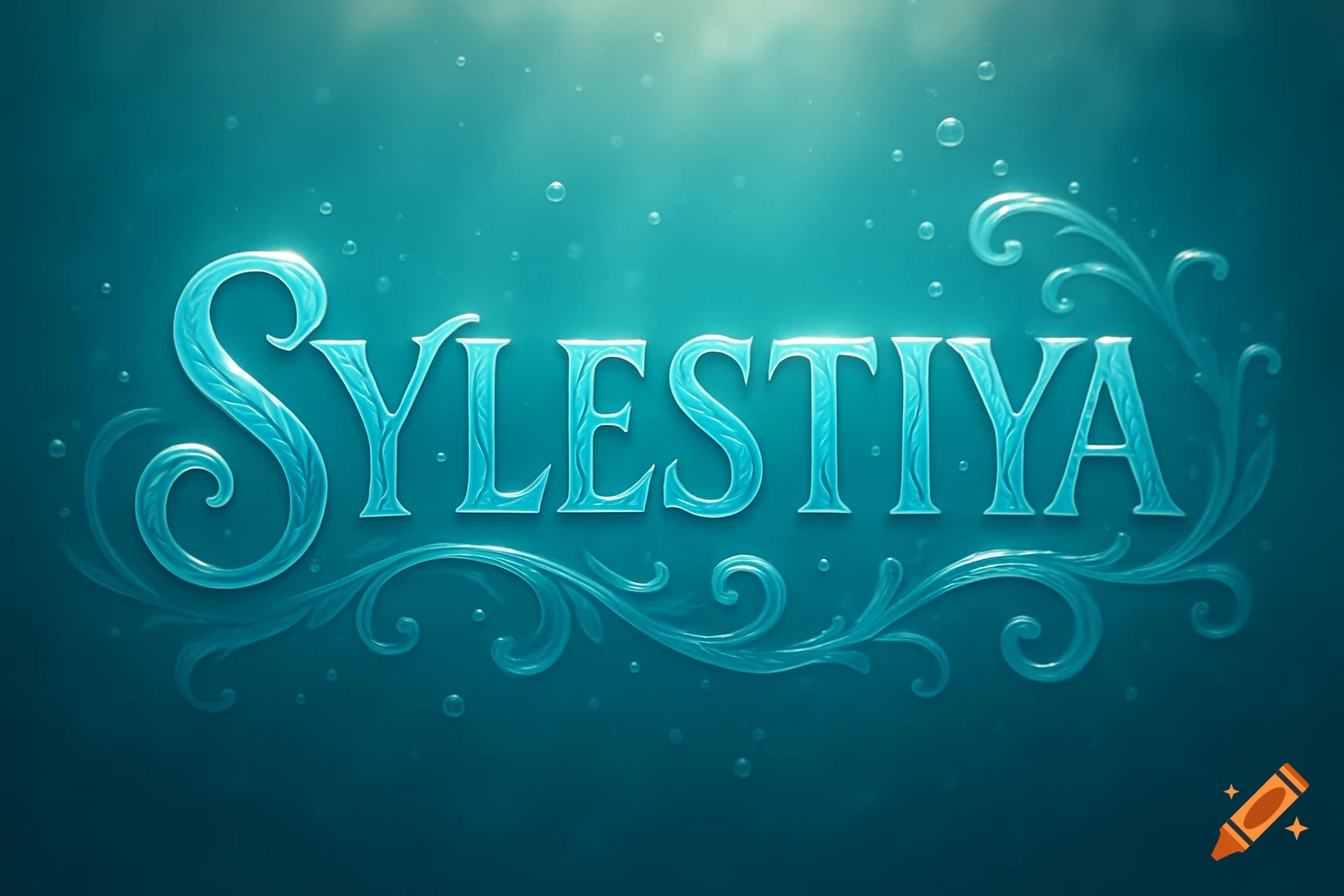 The word SYLESTIYA rendered in a bright, glowing, light blue aquatic-themed typography, surrounded by subtle swirls and bubbles on a dark teal background.