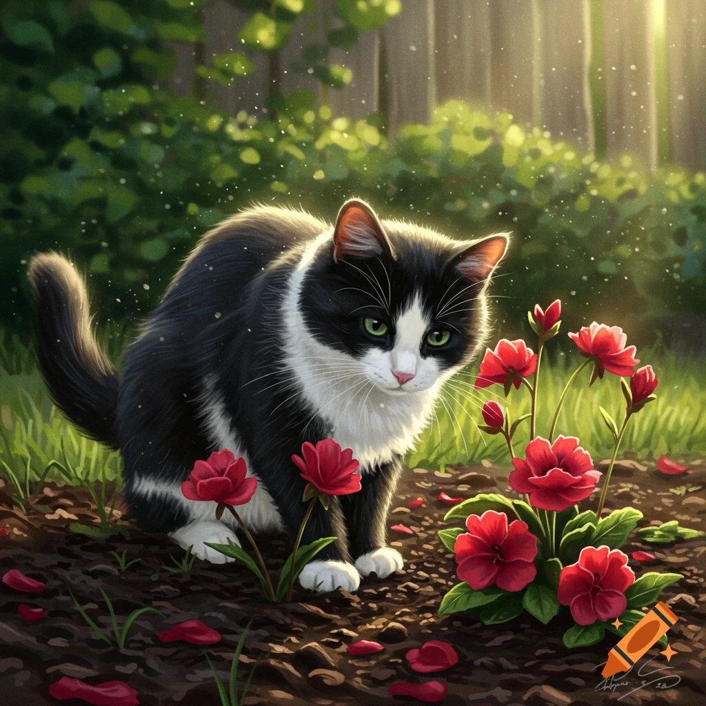 A black and white cat with green eyes sits among red flowers in a sunlit garden.