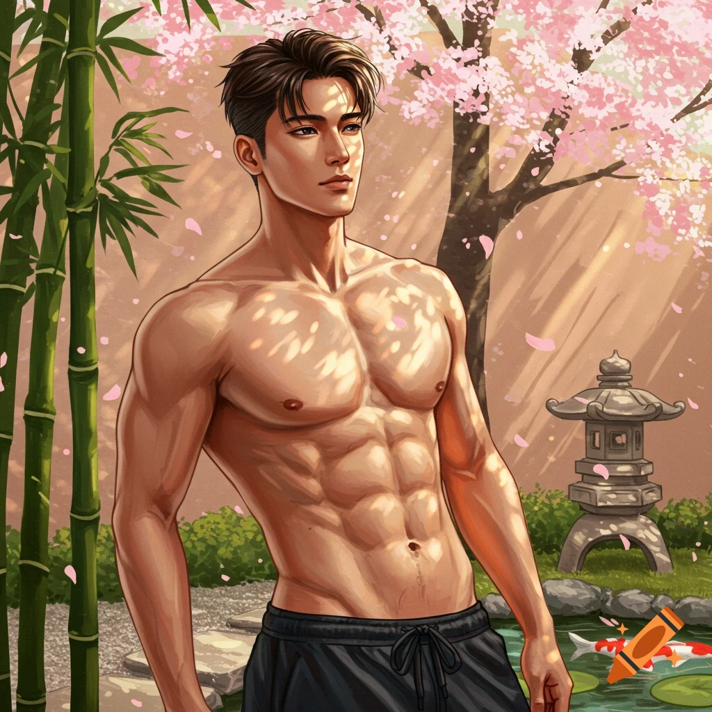 Anime-style shirtless man with muscular abs standing in a Japanese garden with bamboo, cherry blossoms, and a koi pond.
