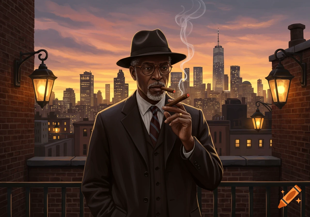 A man in a fedora smoking a cigar on a rooftop balcony overlooks a city skyline at sunset.