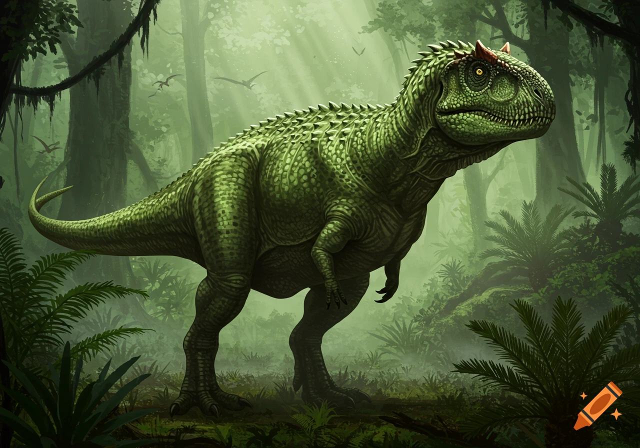 A large green Acrocanthosaurus dinosaur stands in a misty, lush jungle with light rays shining through the canopy.