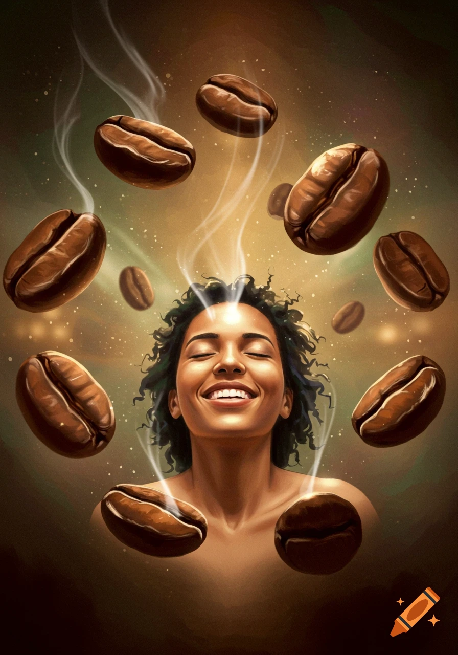 A woman with her eyes closed smiles in a dreamlike setting, surrounded by floating coffee beans and wisps of steam.