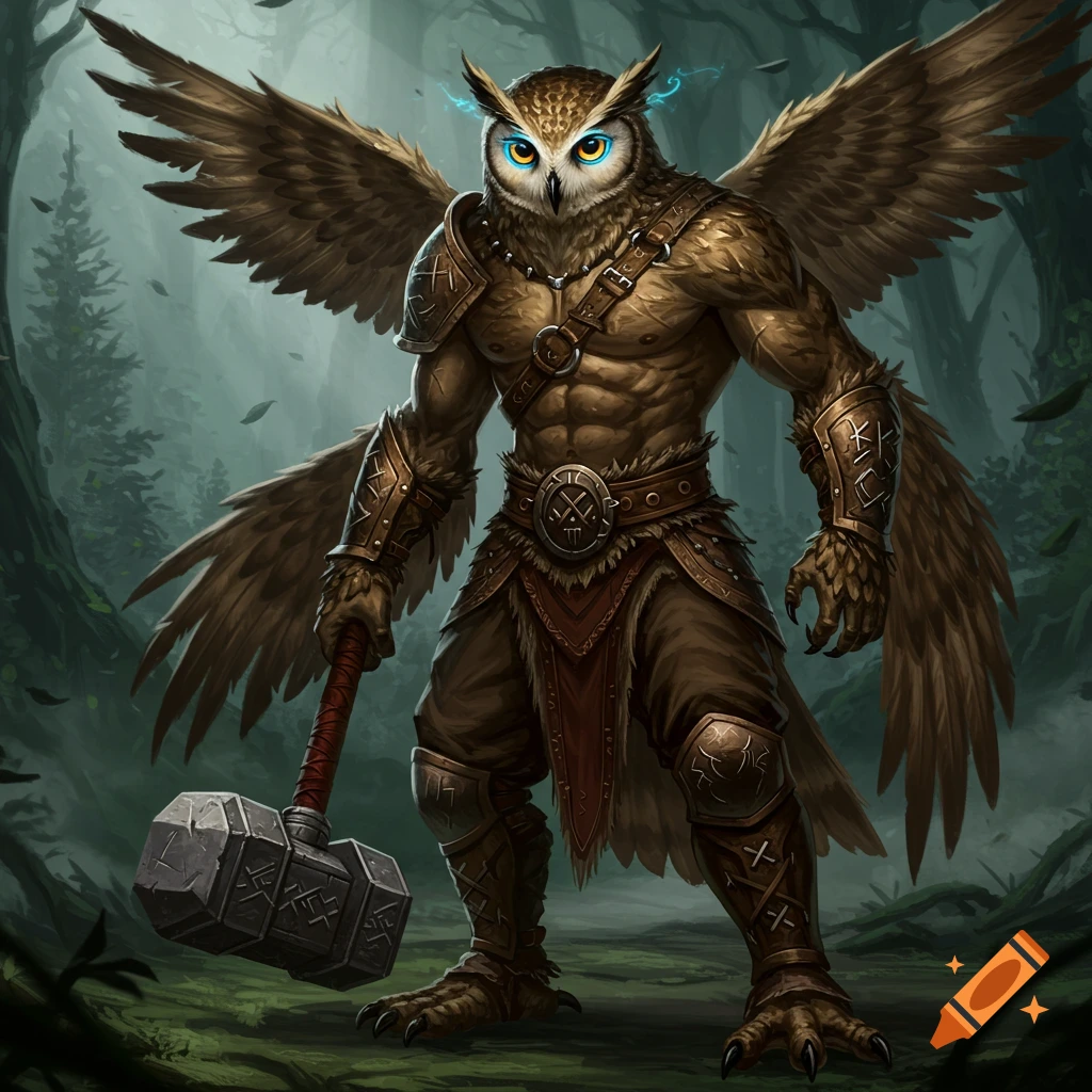 An armored, muscular owl-headed warrior with large wings stands in a misty forest, holding a giant hammer.