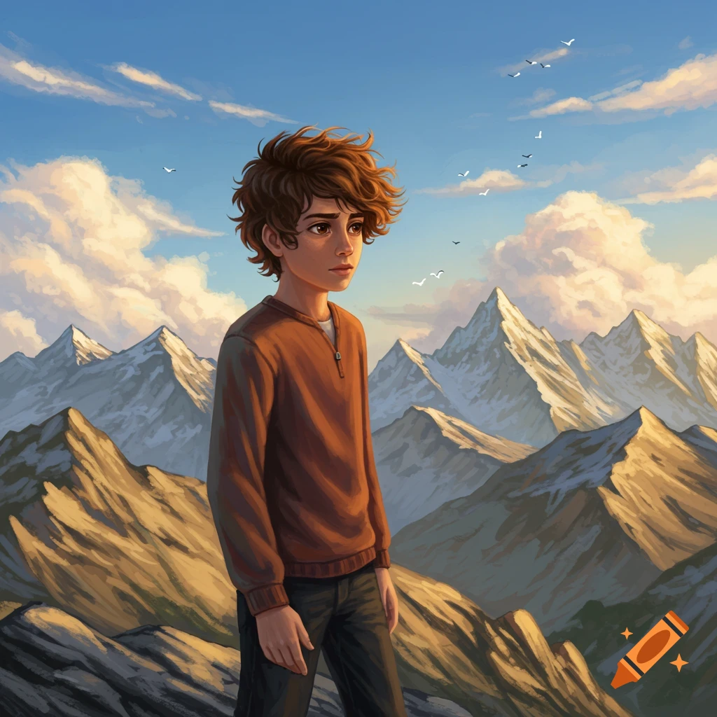 A young boy with brown curly hair and an orange sweater stands in a vast mountain landscape under a partly cloudy sky with birds flying.