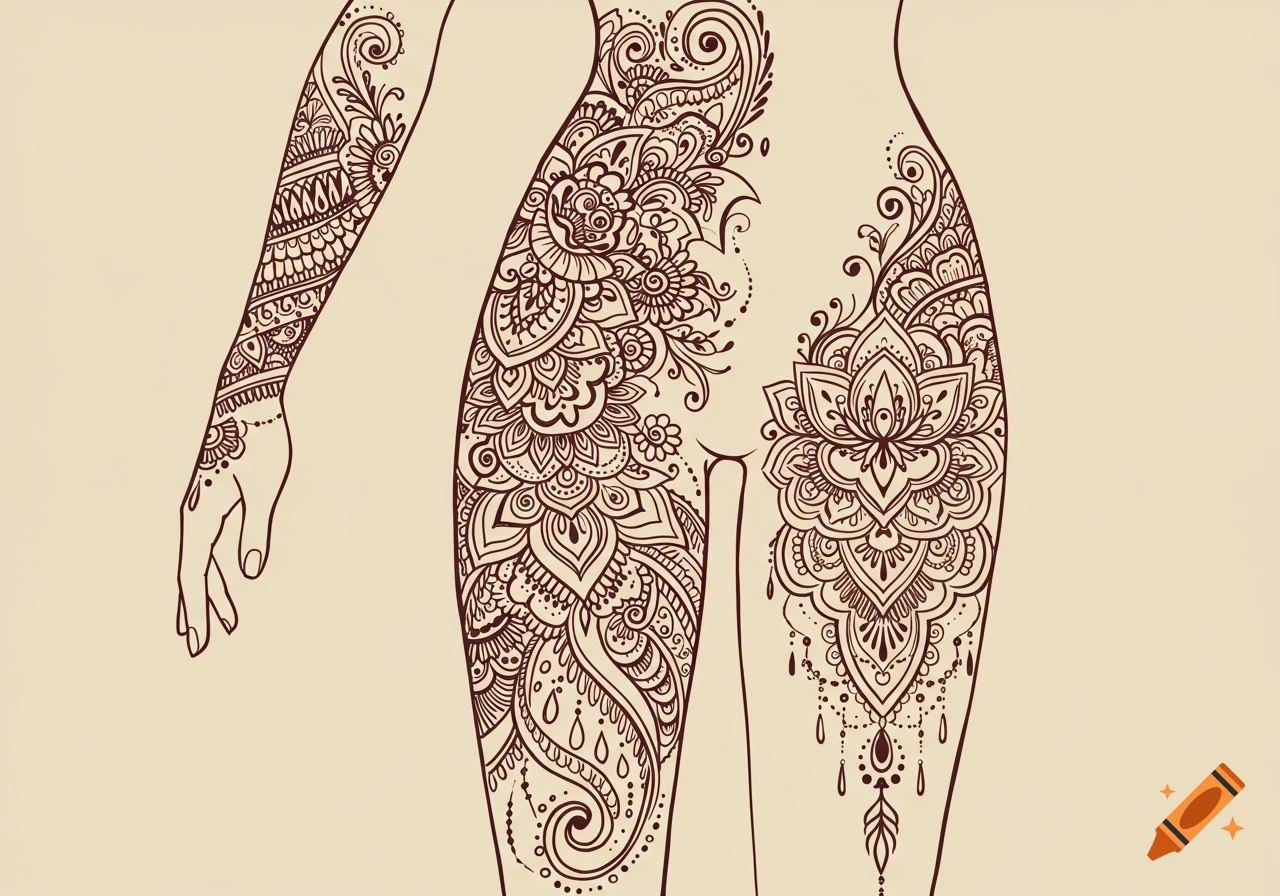 Intricate reddish-brown henna tattoo design featuring mandala, paisley, and floral patterns on a stylized body outline against a beige background.