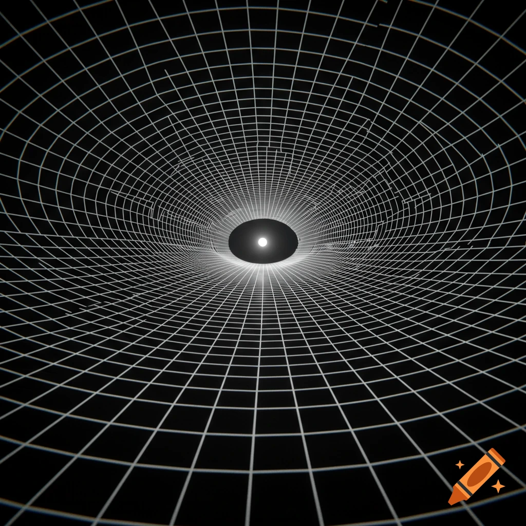A white grid forms a tunnel converging towards a bright white light in the center on a black background.
