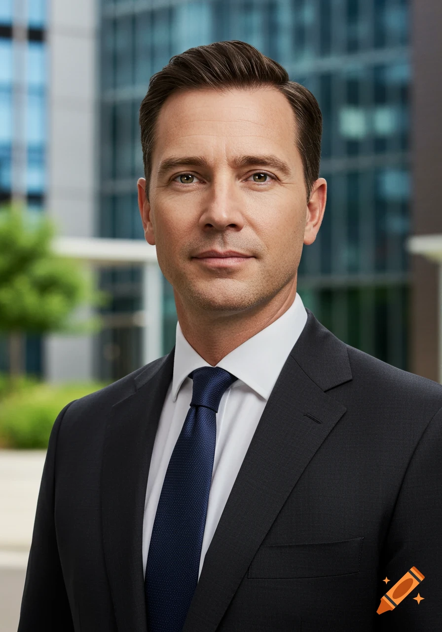 Headshot of a man in a dark suit and blue tie against a blurred modern building background.
