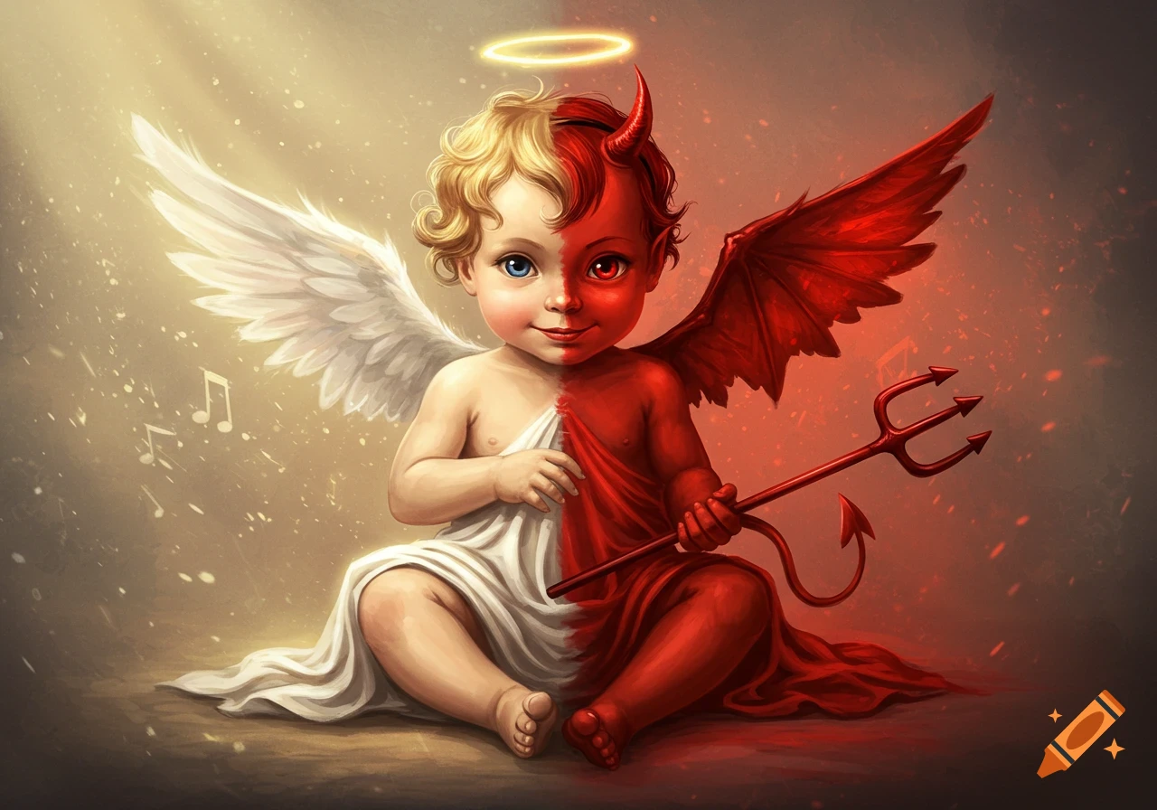 A stylized baby, half angel with white wings and a halo, half devil with red skin, horns, and a trident.