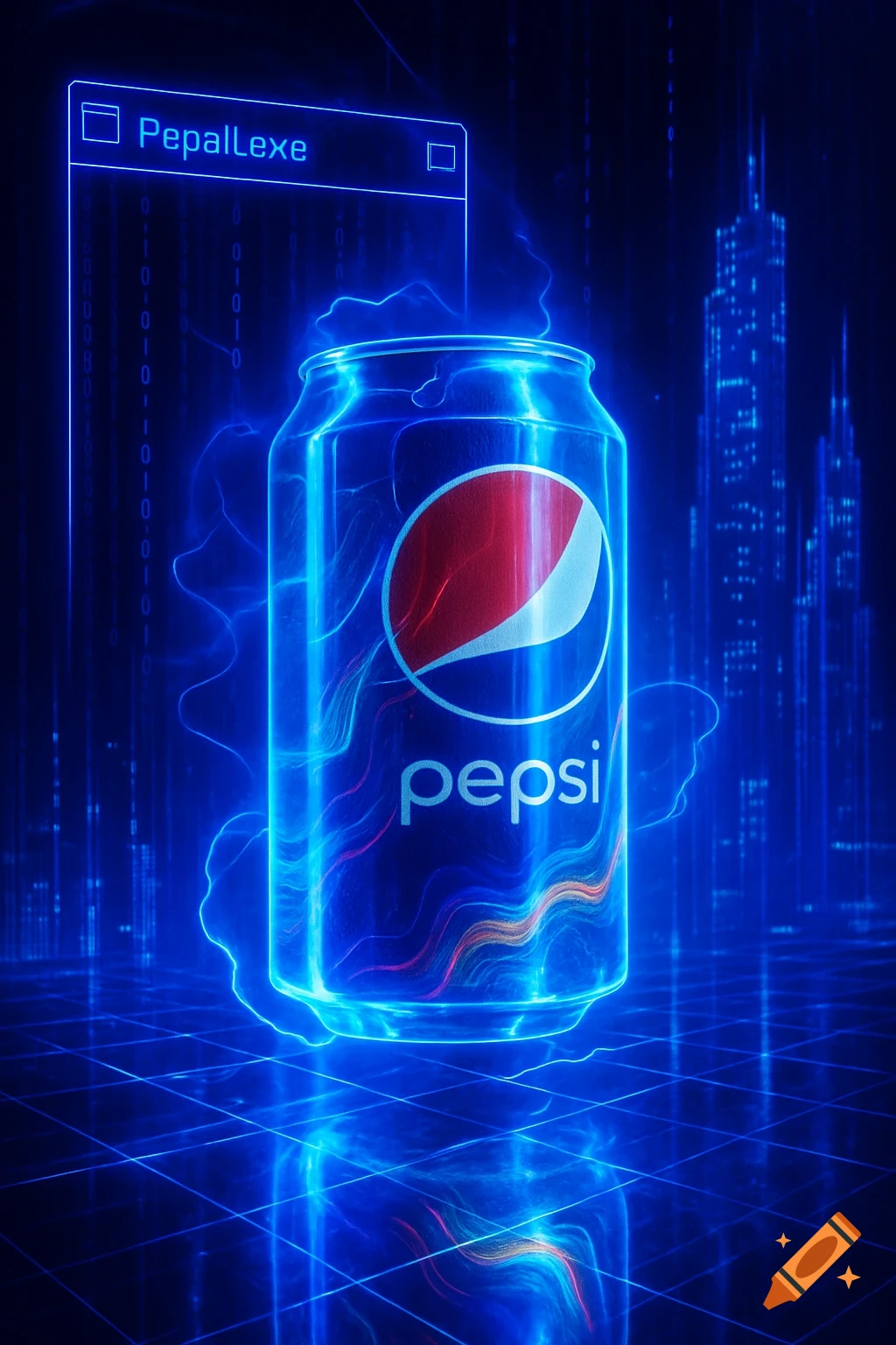 A glowing blue Pepsi can floats in a dark, futuristic digital landscape with a neon city skyline and binary code.