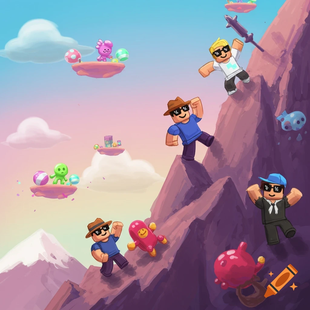 Roblox-style characters climb a purple mountain with floating islands and colorful creatures in a cartoon landscape.