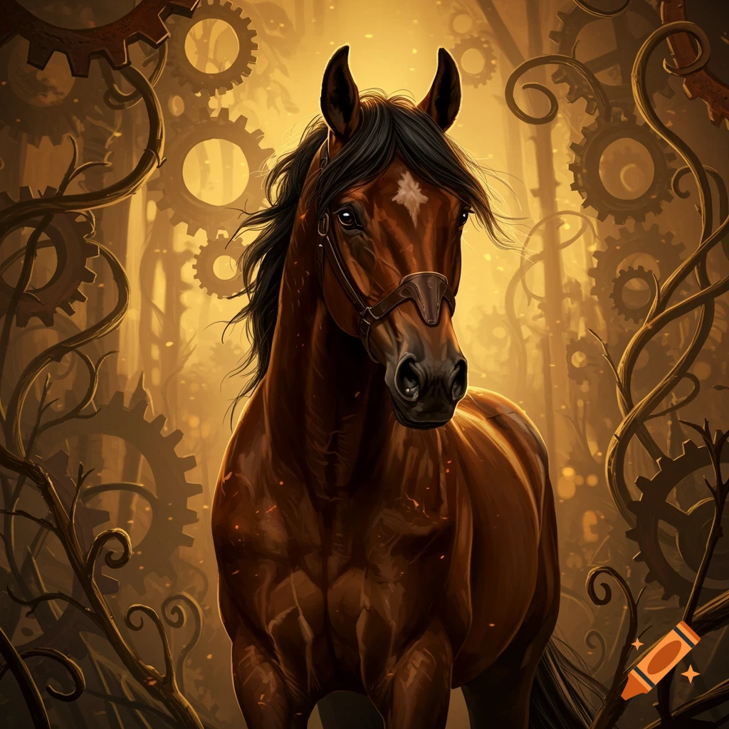 A brown horse with a bridle stands amidst glowing golden gears and vines in a dramatic, steampunk-inspired fantasy setting.