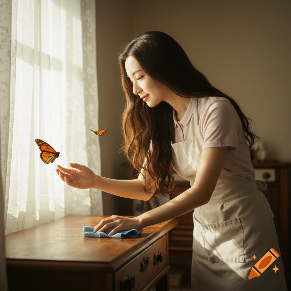 A brunet woman in an apron cleaning a wooden table, looking at a butterfly hovering near her hand in a sunlit room.