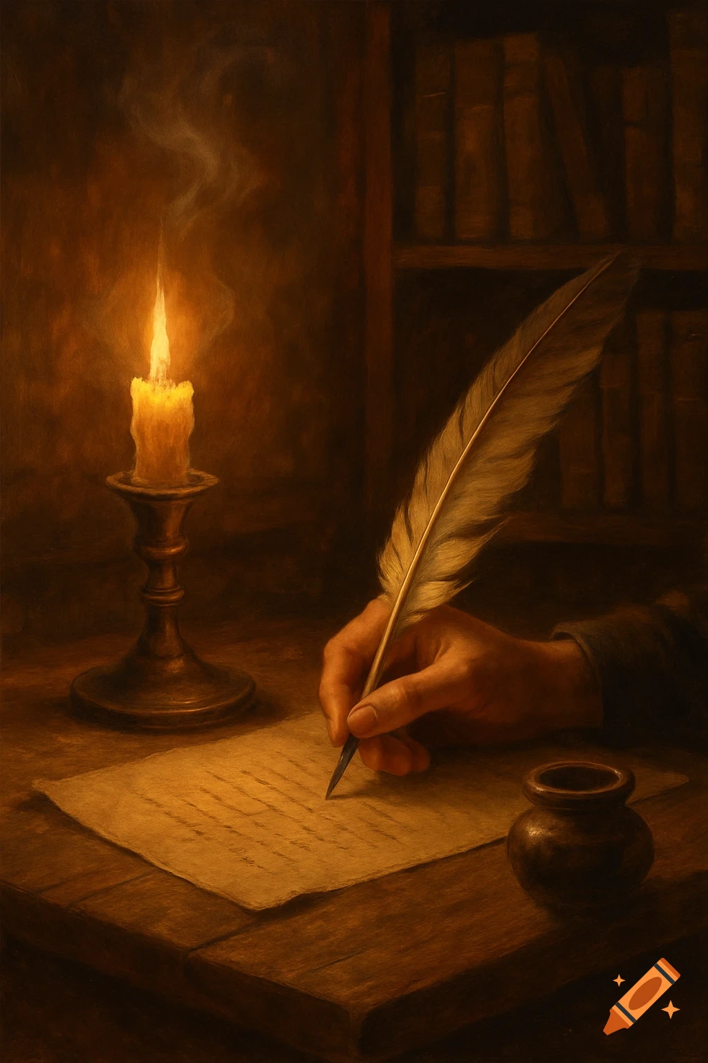 A hand writes with a quill on paper, illuminated by a flickering candle on a wooden desk with books in the background. Dark, painterly style.