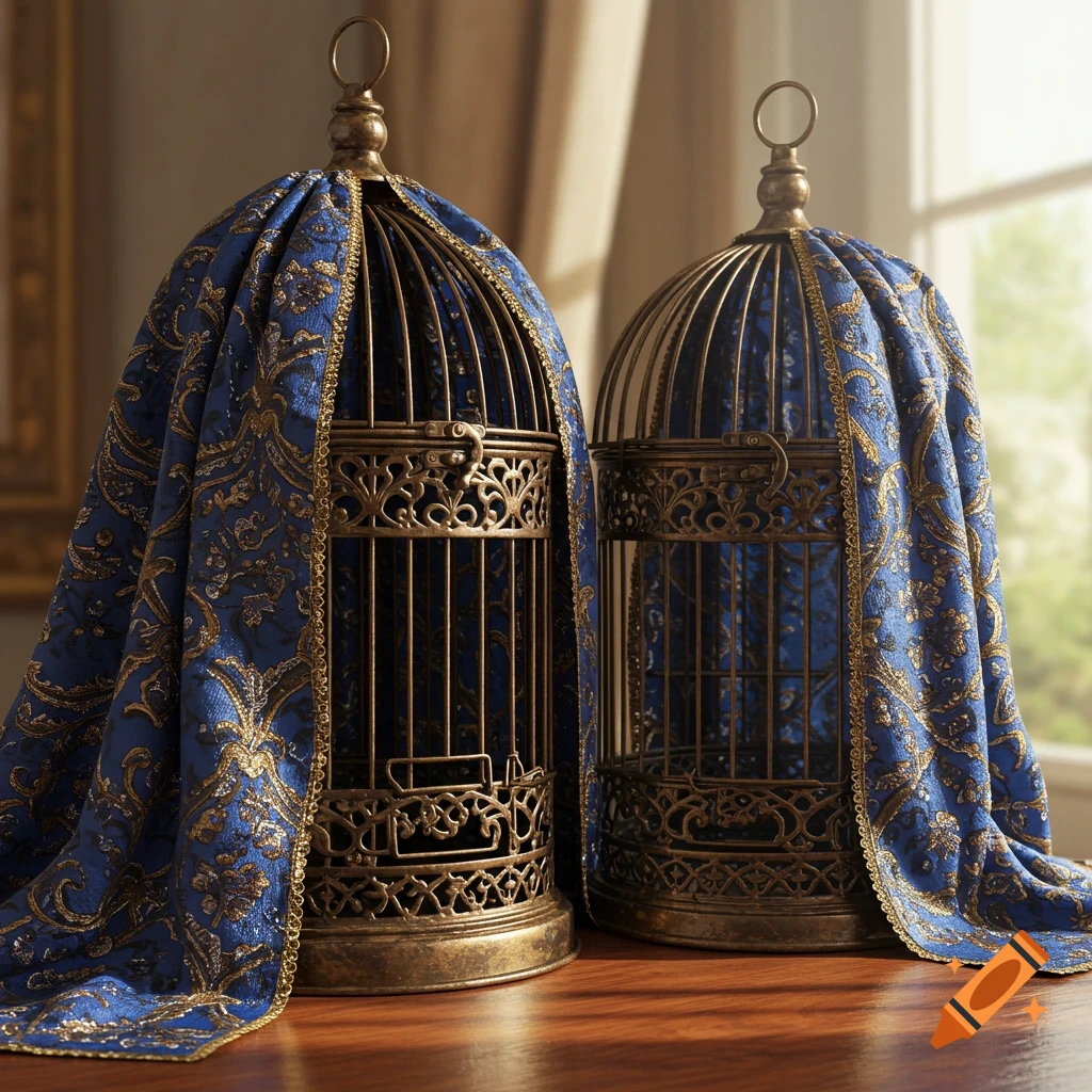 Two ornate antique birdcages draped with blue and gold patterned fabric on a wooden table, bathed in natural light from a nearby window.