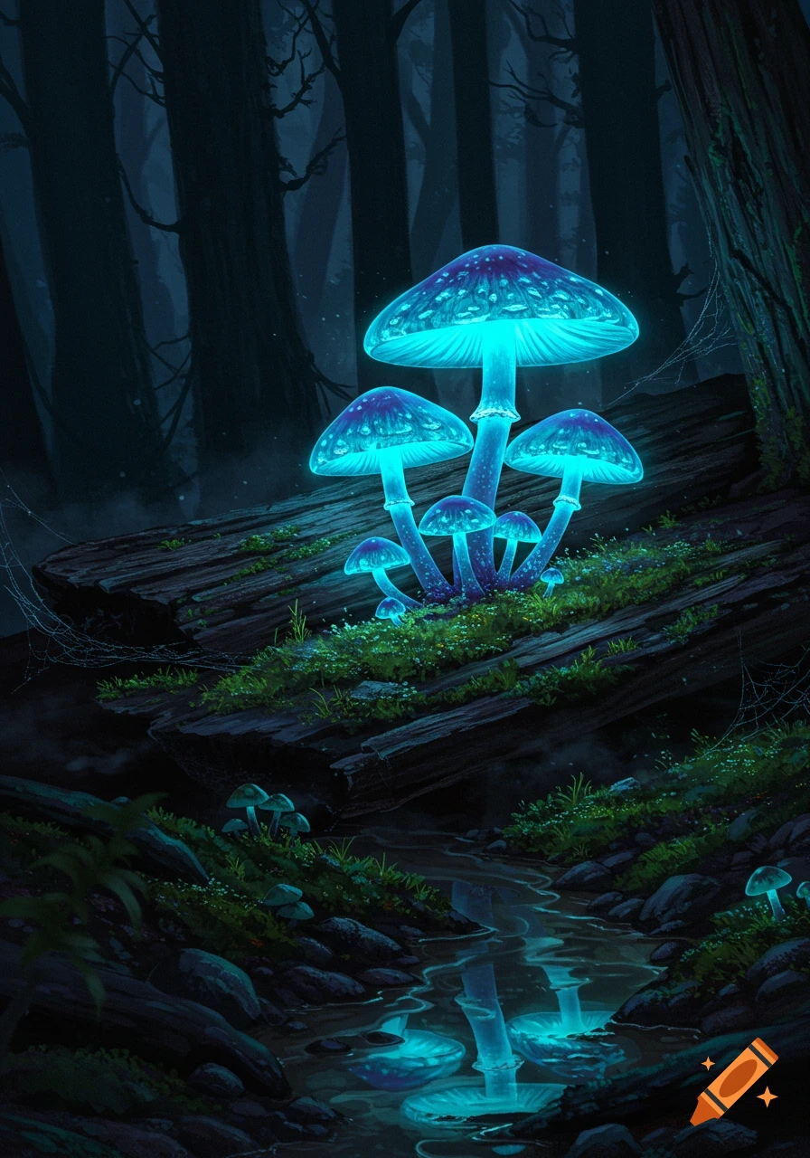 Vibrant blue glowing mushrooms on a mossy log in a dark, enchanting forest with a reflective stream.