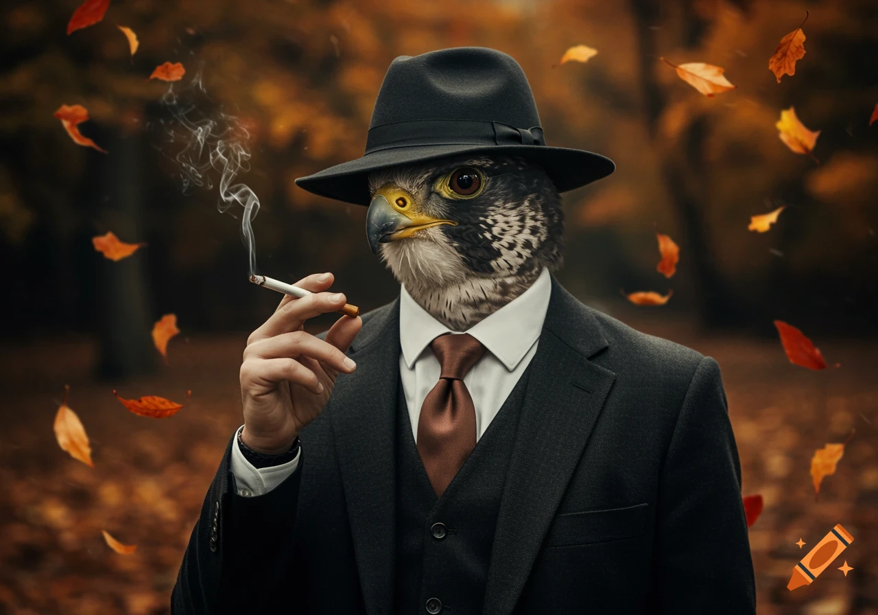 A photorealistic image of a falcon in a dark suit, tie, and fedora hat, holding a lit cigarette, with autumn leaves falling around it.