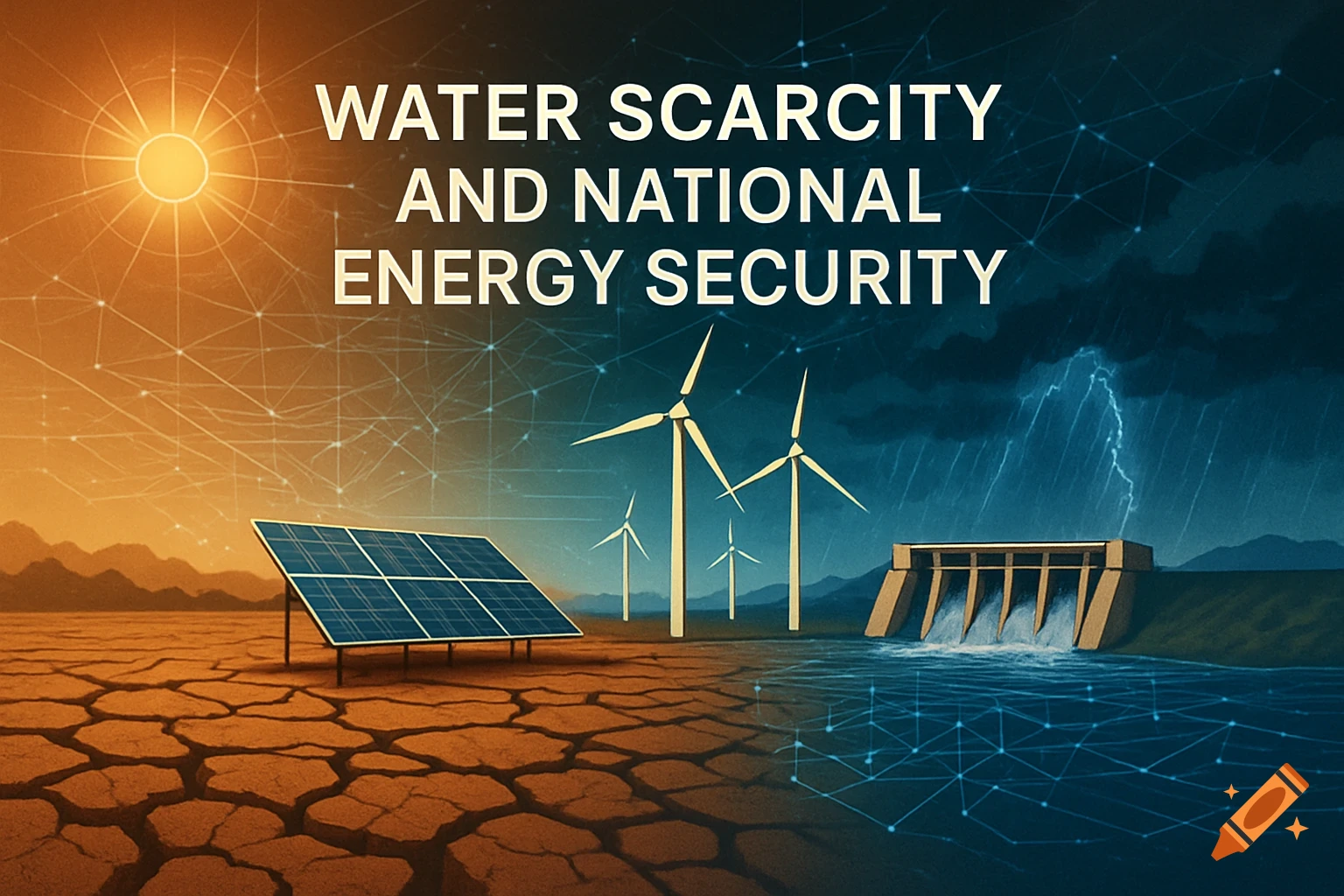 Illustration showing a landscape split between cracked dry ground with a solar panel, and water with wind turbines and a dam under a stormy sky. Text: "WATER SCARCITY AND NATIONAL ENERGY SECURITY" is overlaid.
