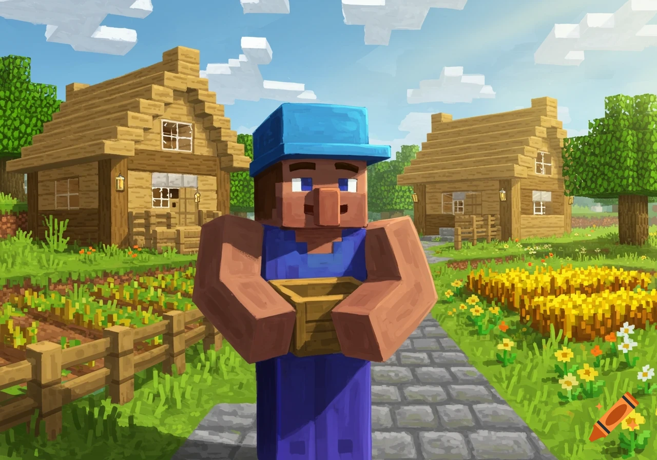 A Minecraft villager in a blue hat and overalls stands on a stone path in a blocky village with wooden houses and crops under a sunny sky.